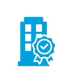 Building with legal certification badge icon, representing expert legal services, compliance, and trusted legal advisory.