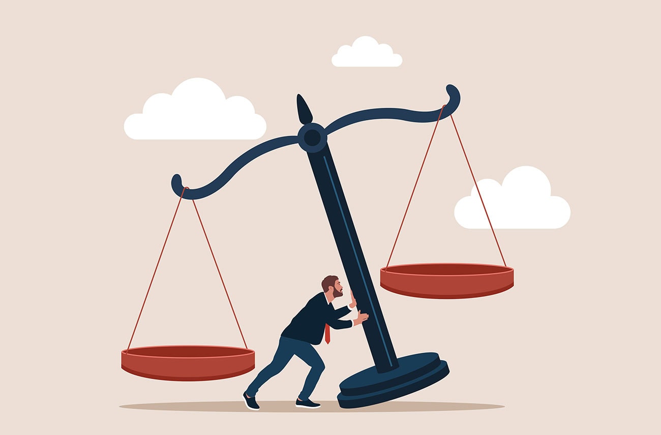 Balance scale emphasizing legal and financial justice, with a person pushing against it, symbolizing legal struggles or balancing financial disputes. Suitable for law firms focused on legal consultancy and financial settlement issues.
