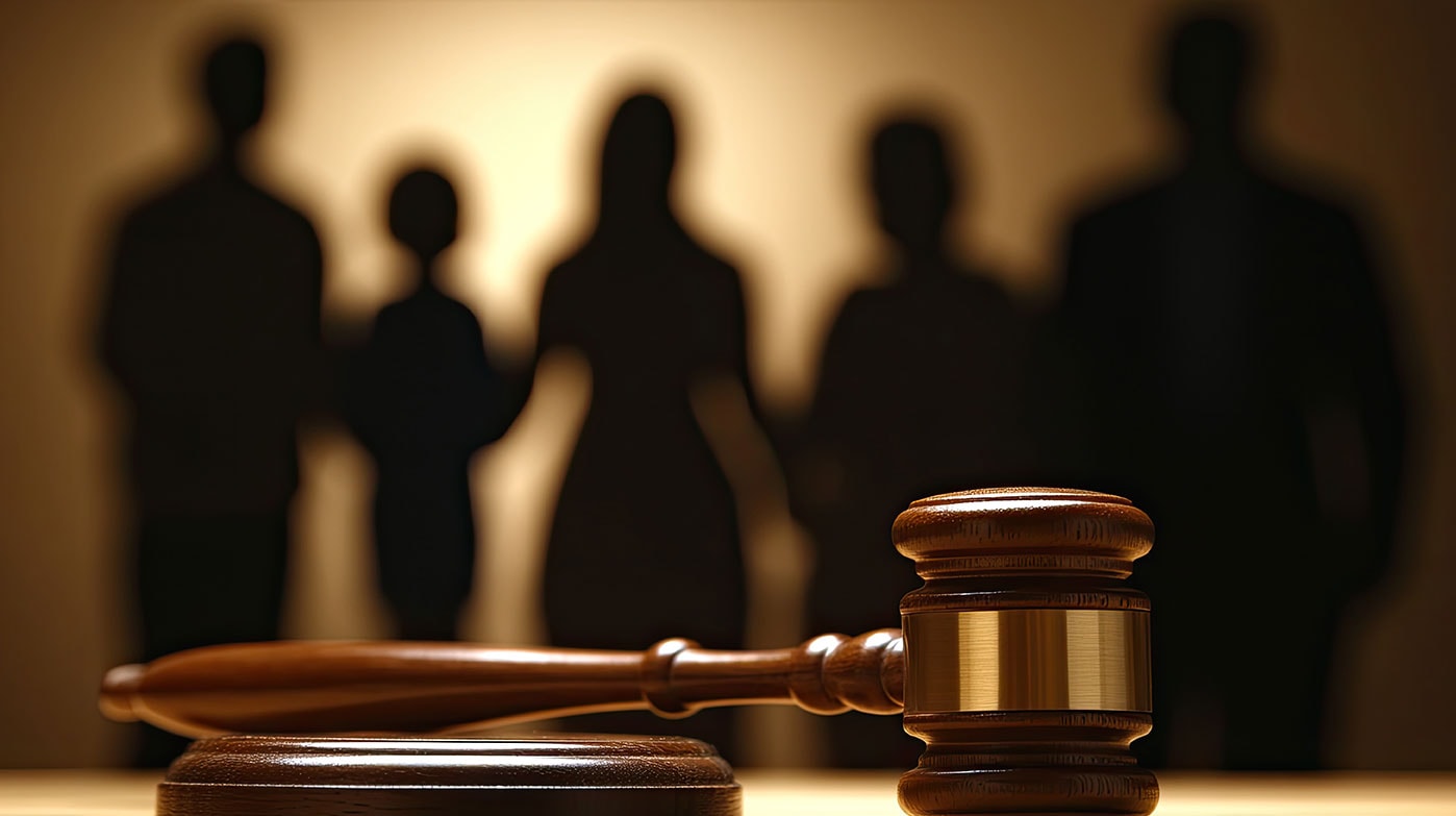 Legal judgment gavel with a silhouette of a diverse group of professionals in the background, symbolizing legal advisory, law practice, and attorney services at AdvisorLaw.