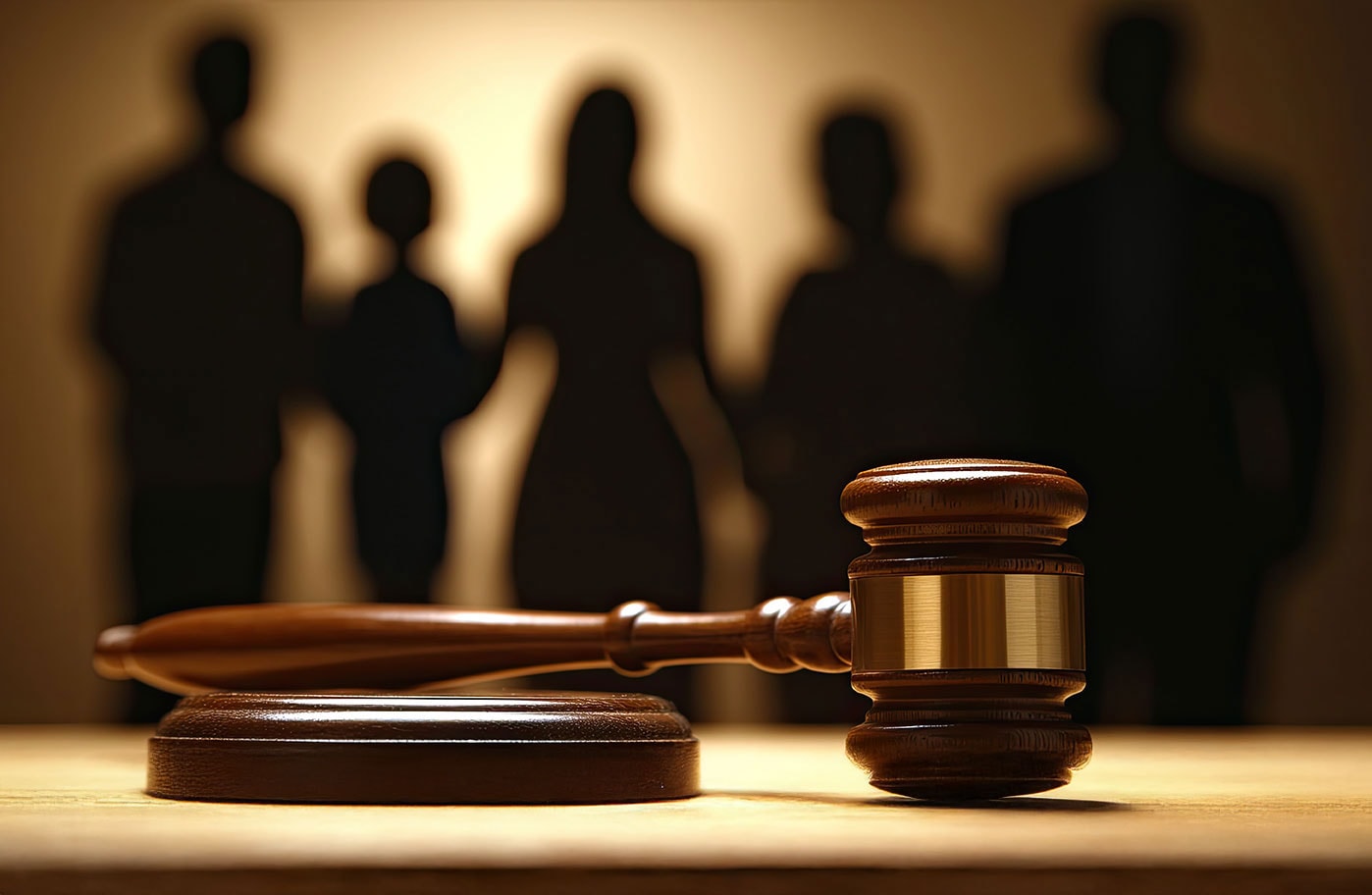 Silhouette image of diverse legal professionals behind a judge's gavel, symbolizing law, legal services, and advocacy by AdvisorLaw.